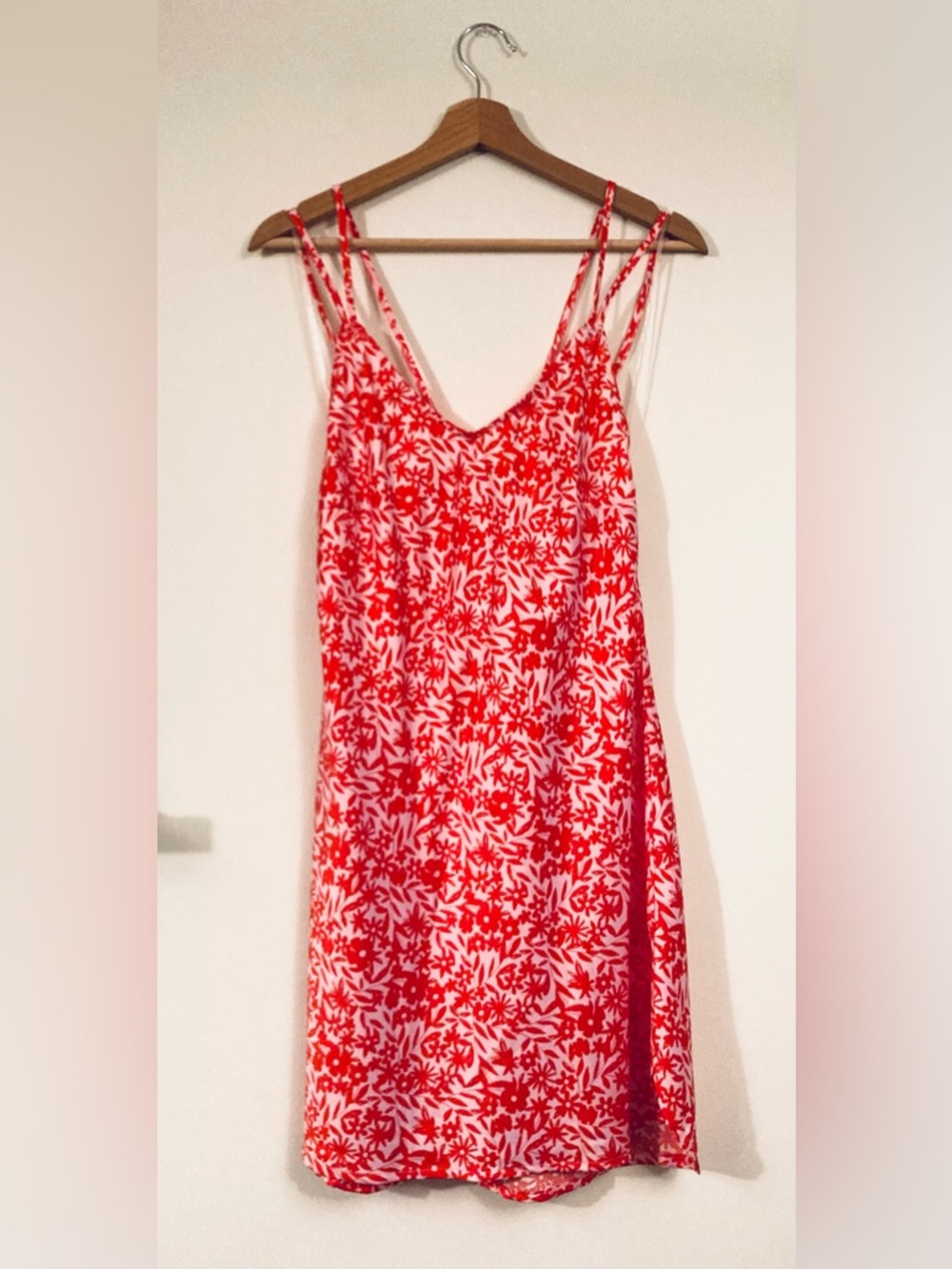 NWTS No Boundaries Red and Pink Floral Satin Chemise Slip Dress